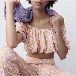 ZARA Printed Satin Effect Puff-Sleeve Off-The-Shoulder Crop Top New With Tags